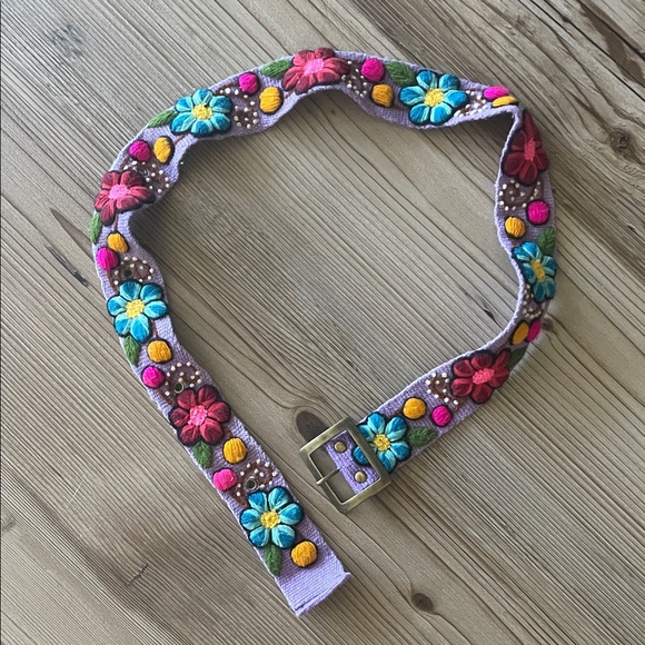 Accessories - Colorful Floral Embroidered Belt with Brass Buckle